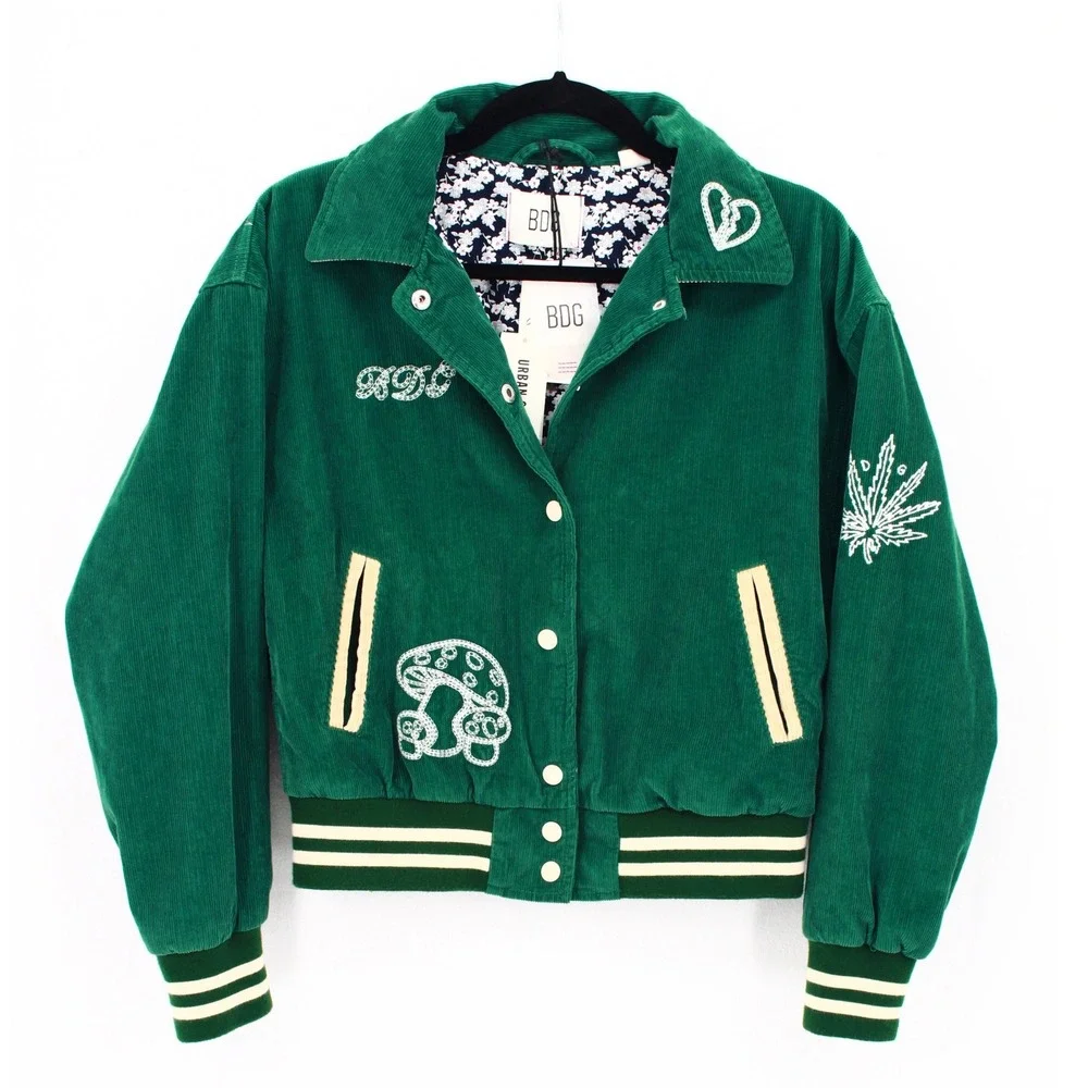 BDG Urban Outfitters Green Corduroy Varsity Jacket Mushroom Vibes Small NWT - Picture 1 of 10